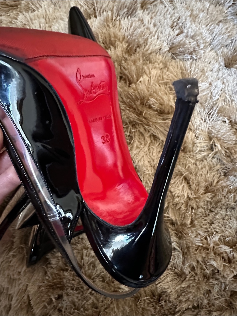 Christian Louboutin Black Patent Pointed-Toe Slingback Pumps with Clear Panels - Picture 3 of 3